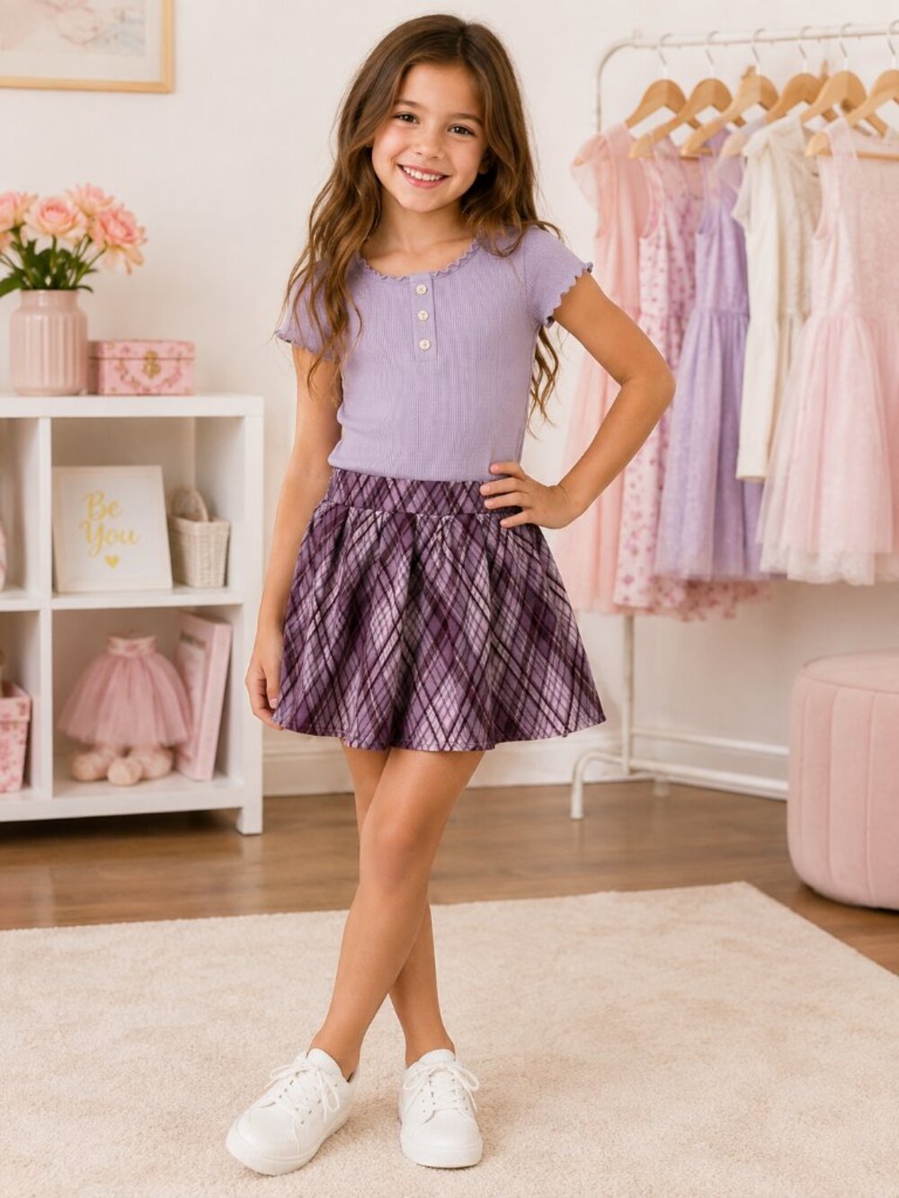 btween Girls Purple Plaid Skater Skirt Size 8 Stretch Waist Back to School